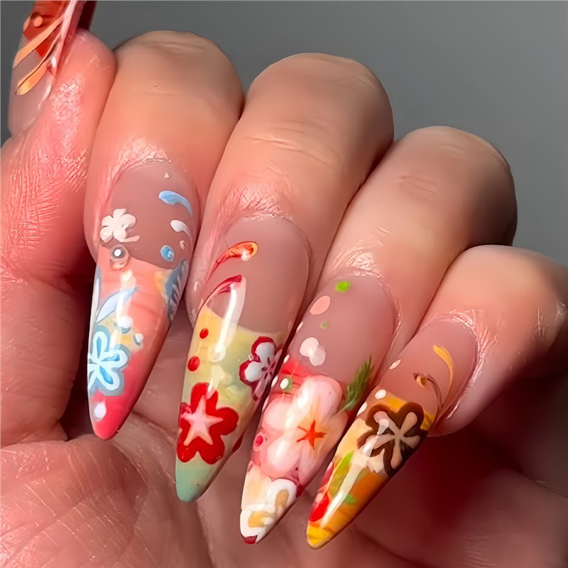 Künstlerische florale Stiletto Press-On Nägel Brehn