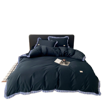 Luxus Baumwoll-Satin Bettdecken- und Bettwäsche-Set mit kontrastierendem Karorüschensaum