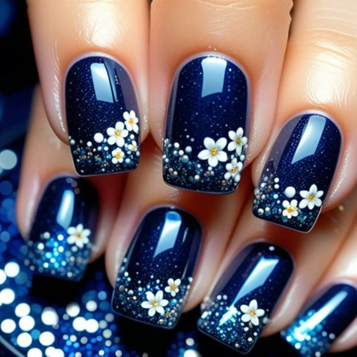 Kunstnagelset mit elegantem Blumendesign und Glitzerakzenten Brehn