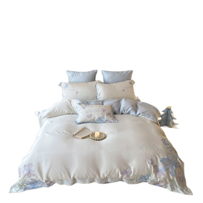 Botanisch besticktes Satin-Mischbettwäsche-Set mit Kissenbezügen