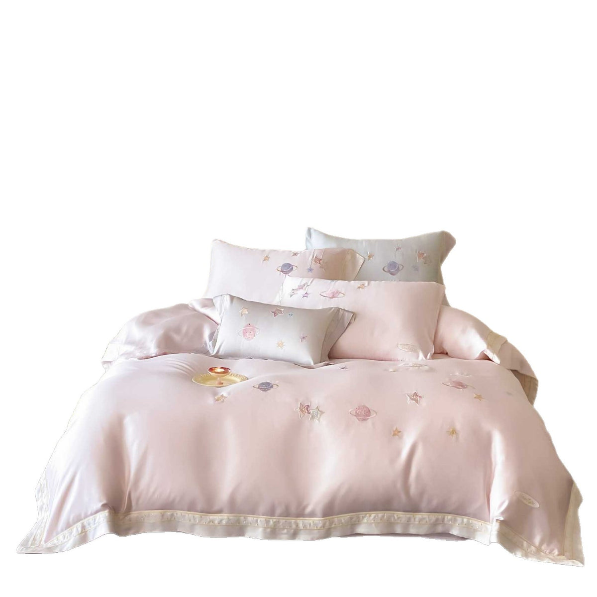 Satin-Bettwäsche-Set mit gesticktem Galaxie-Motiv und seidig-glattem Finish