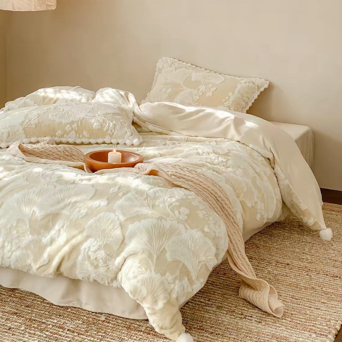 Geplüschtes Chenille Floral Bettbezug Set mit Pom-Pom Besatz