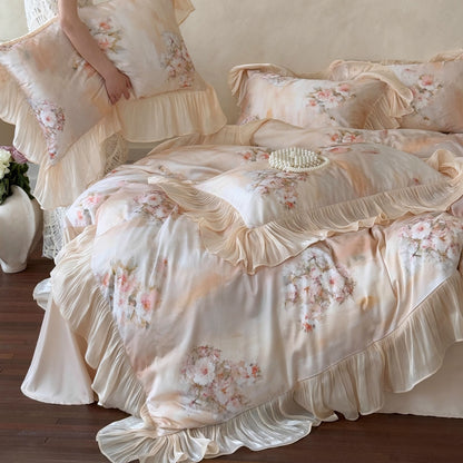 Blumen Rüsch Satin Bettbezug Set