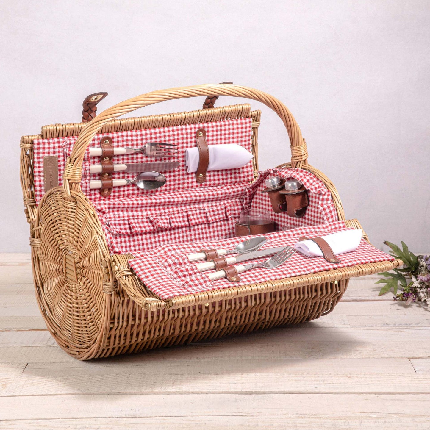 Damen Picknickkorb mit integriertem Geschirrset und stilvollem Gingham-Muster Brehn