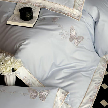 Satin-Bettwäsche-Garnitur mit besticktem Schmetterlingsmotiv und seidenmattem Finish
