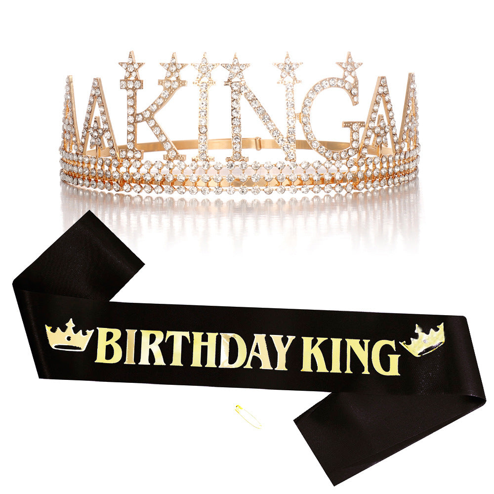 Damen Glitzernde Geburtstagskrone mit einem regalem "Birthday King"-Schärpen-Set Brehn