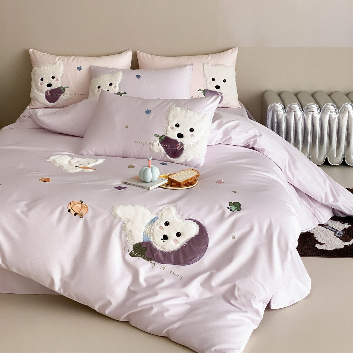 Plüsch Applikation Welpe Satin-Feeling Bettbezug Set