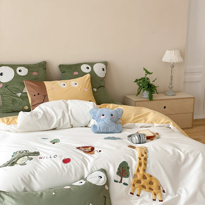 Kinder Baumwoll Applikation Bettwäsche Set mit gestickten Safari-Motiven und Kopfkissenbezügen