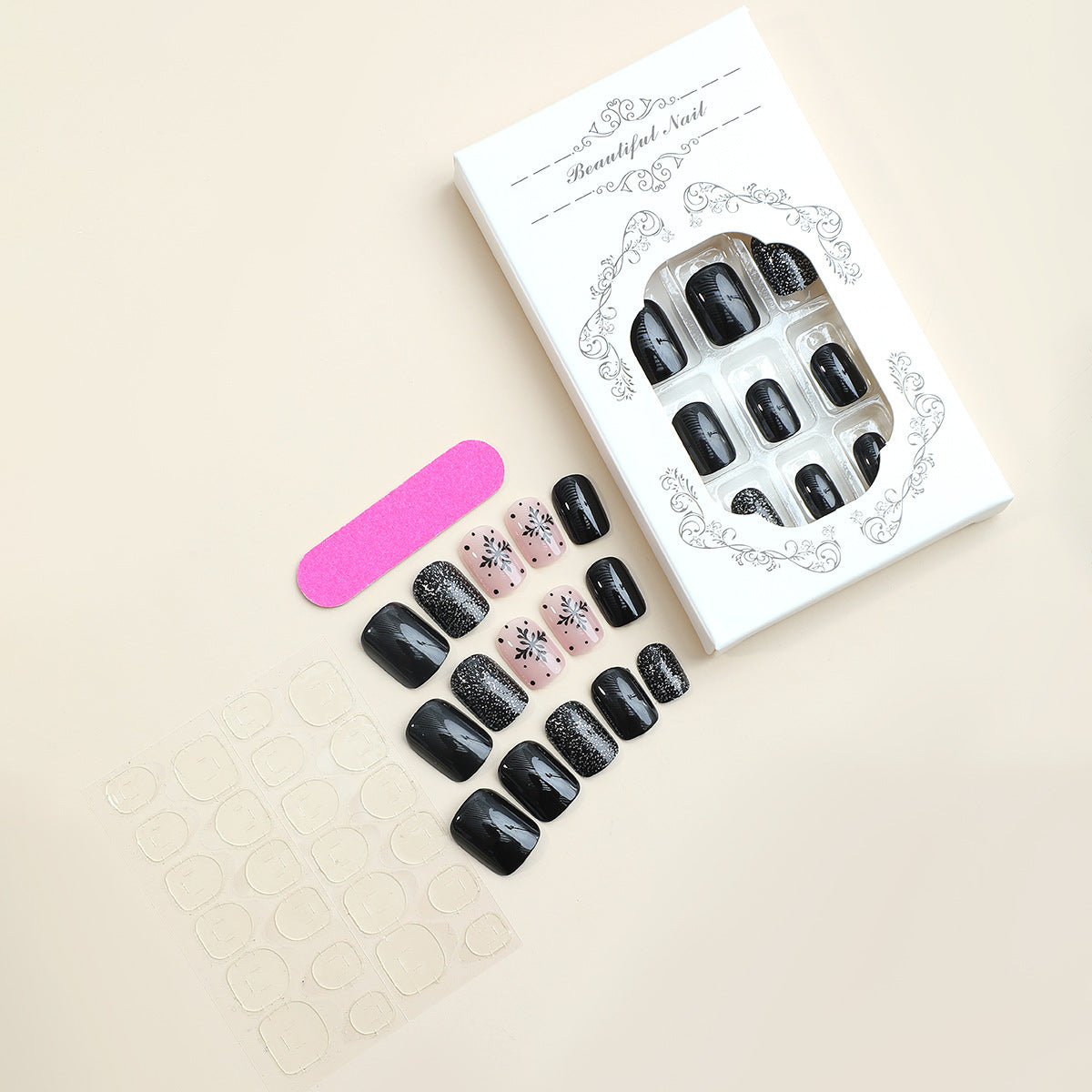 Stilvolles Press-On Nagelkunst-Set mit dekorativem Glitzer und floralen Designs Brehn