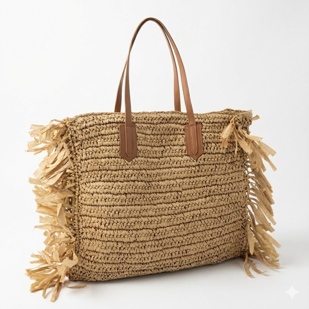 Strandtasche mit Fransigem Design und Robusten Ledergriffen Brehn