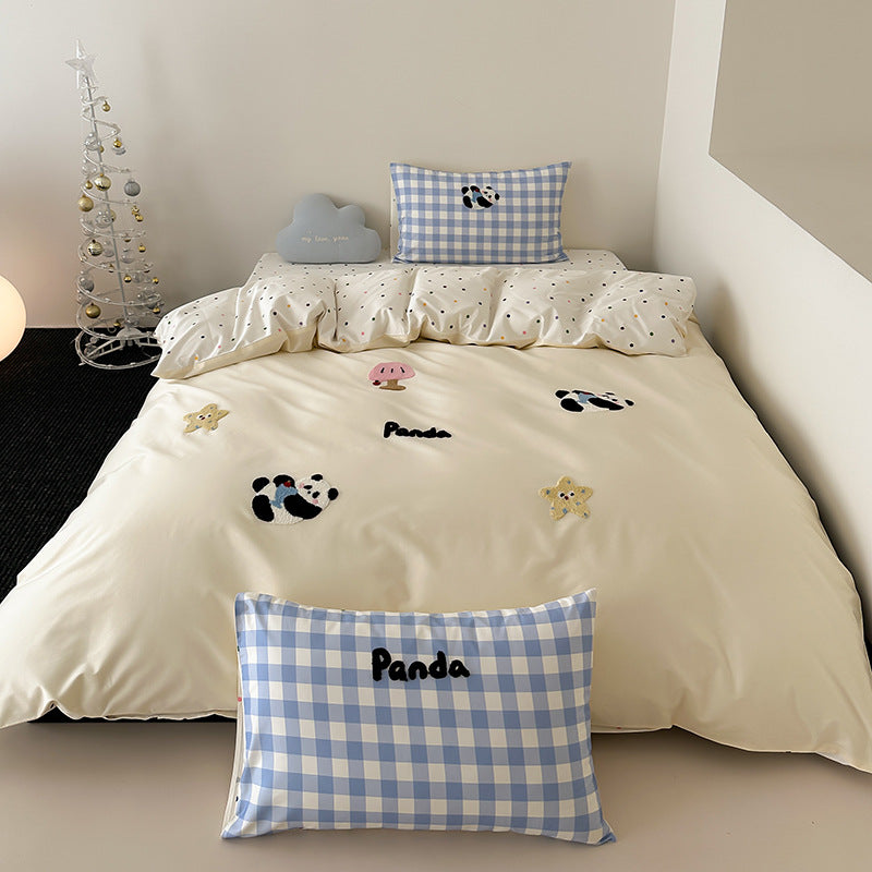 Besticktes Bunny Baumwollsatin Bettbezug-Set mit Gingham Kissenbezügen