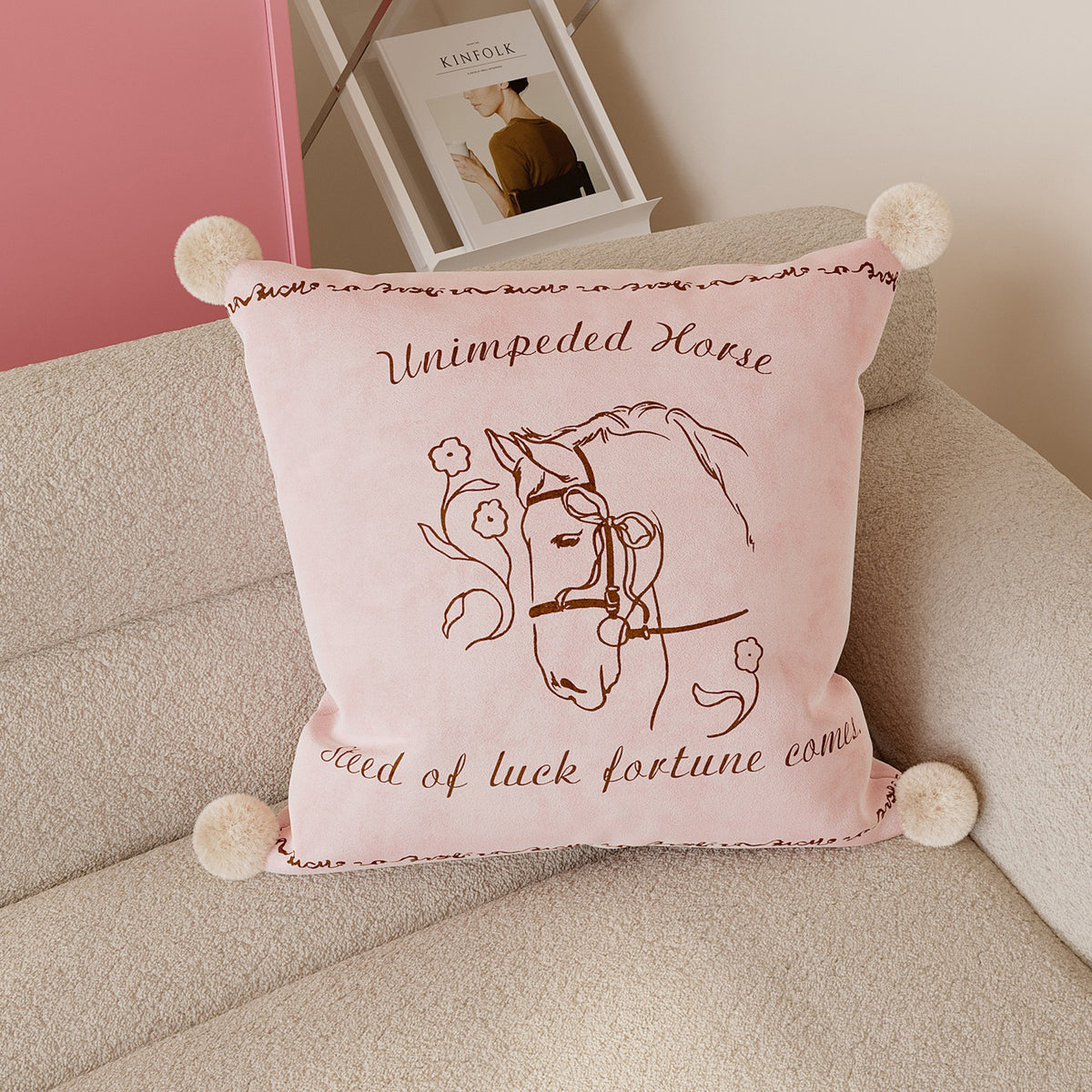 Velvet Pom-Pom Corner Decorative Throw Pillow Cover with Hand-Drawn Rocking Horse Motif