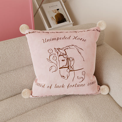 Velvet Pom-Pom Corner Decorative Throw Pillow Cover with Hand-Drawn Rocking Horse Motif