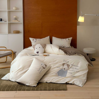 Kinderbettwäsche-Set mit bestickten Hunde-Motiven und extraweichem Baumwollsatin