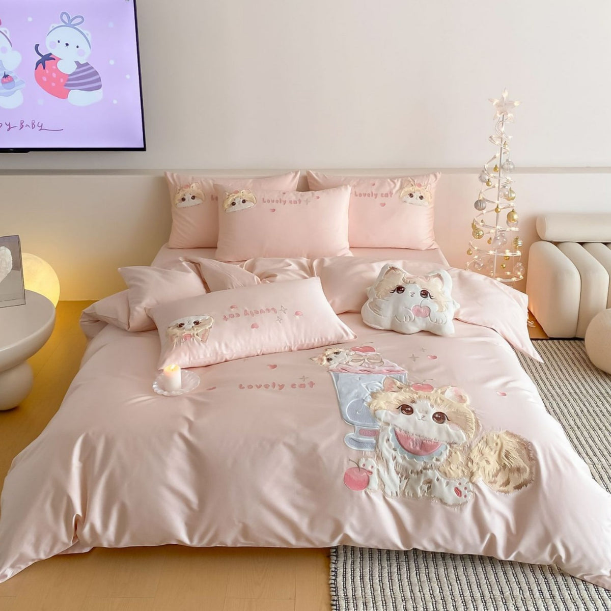 Satin bestickte niedliche Katzen Bettbezugset