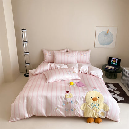 Gestreiftes Besticktes Satin Bettwäsche Set