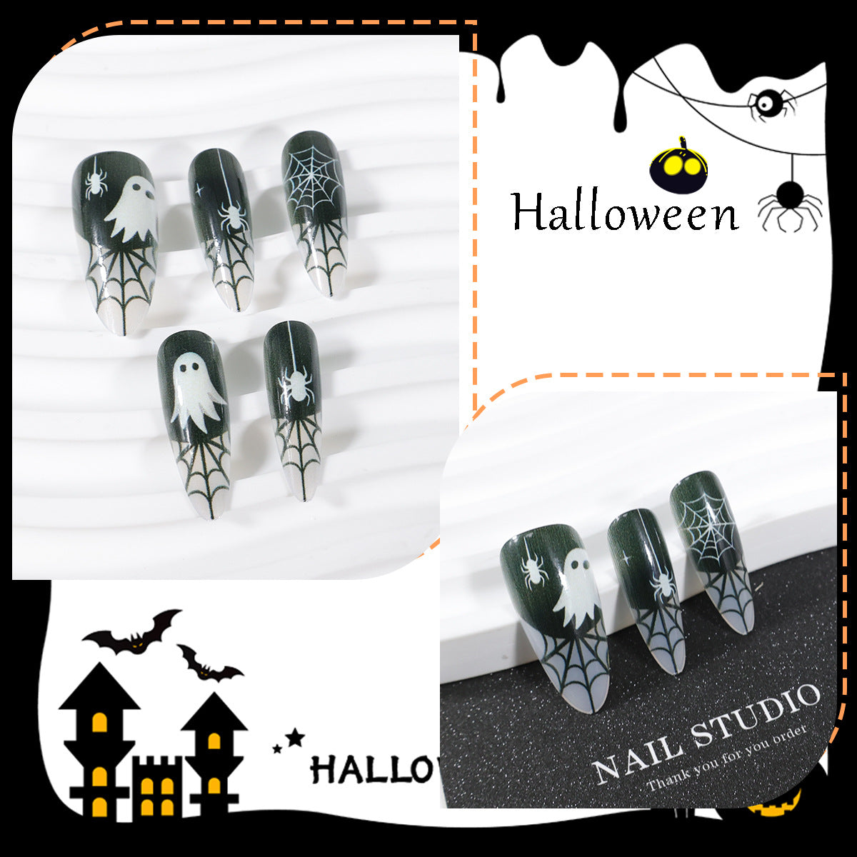 Halloween Kunstnagelset mit Geister- und Spinnennetz-Design Brehn