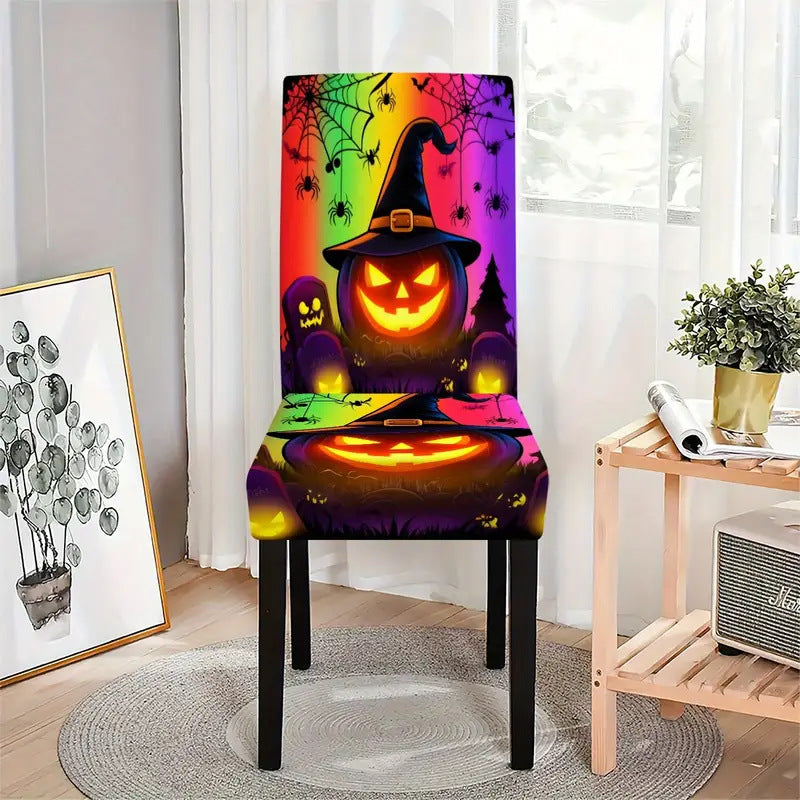 Elastische Stretch-Stuhlhusse für hohe Rückenlehnen mit detailreichem Halloween-Kürbis-Print