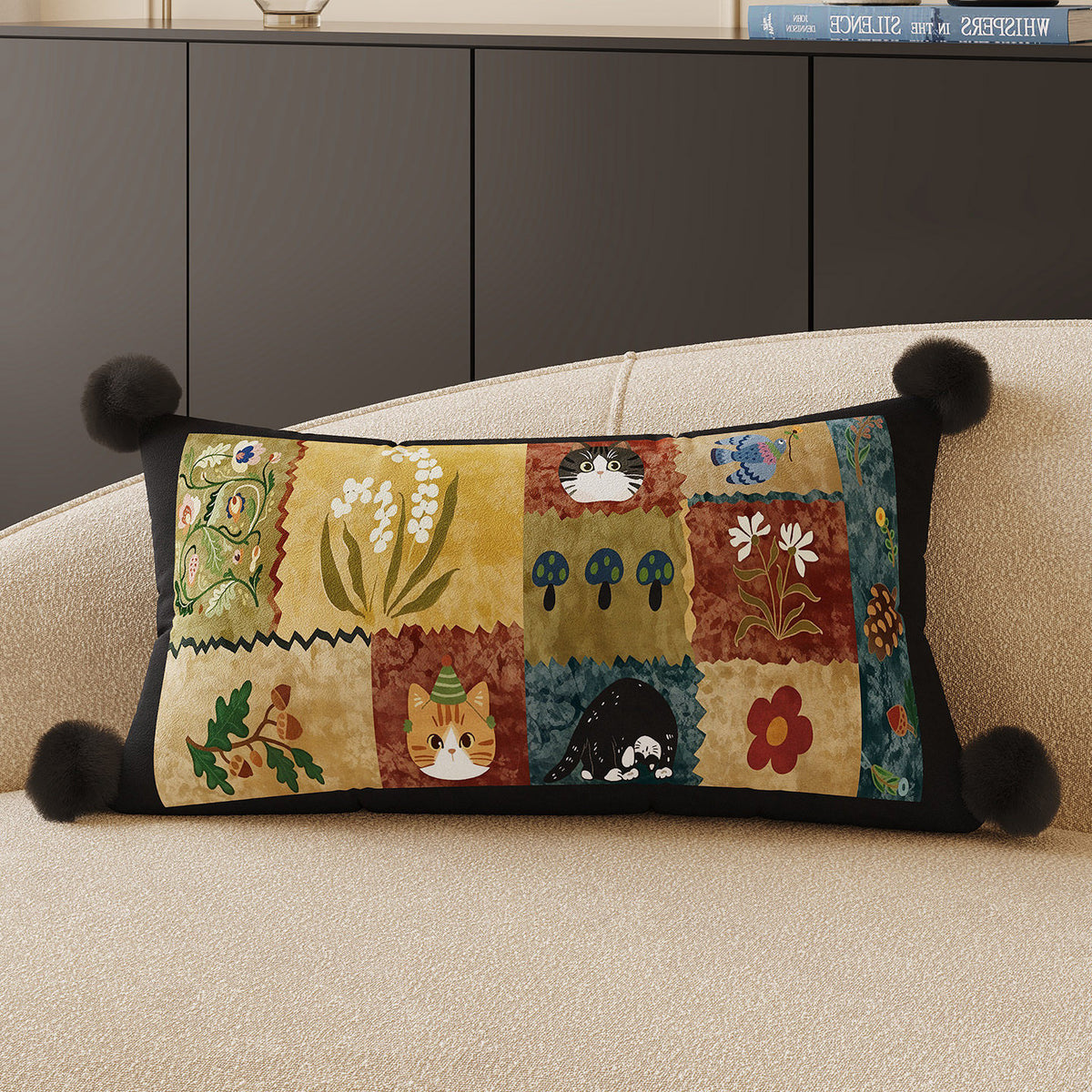 Decorative Rectangular Throw Pillow with Pom-Pom Corners and Patchwork Cat Illustration