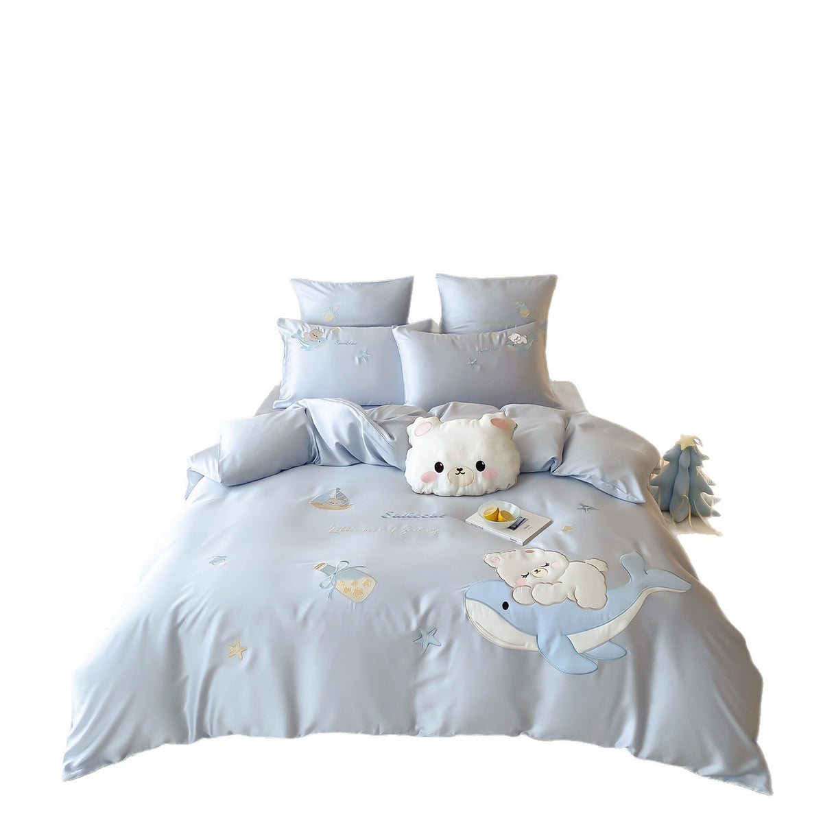 Kinder besticktes Baumwollsatin Bettbezug Set mit Plüschbären-Applikation & Wal-Motiv
