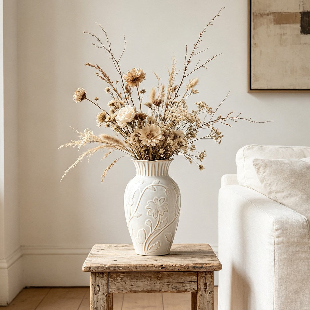 Dekorative gravierte Blumenmuster Keramik Knospenvase mit gewelltem Rand