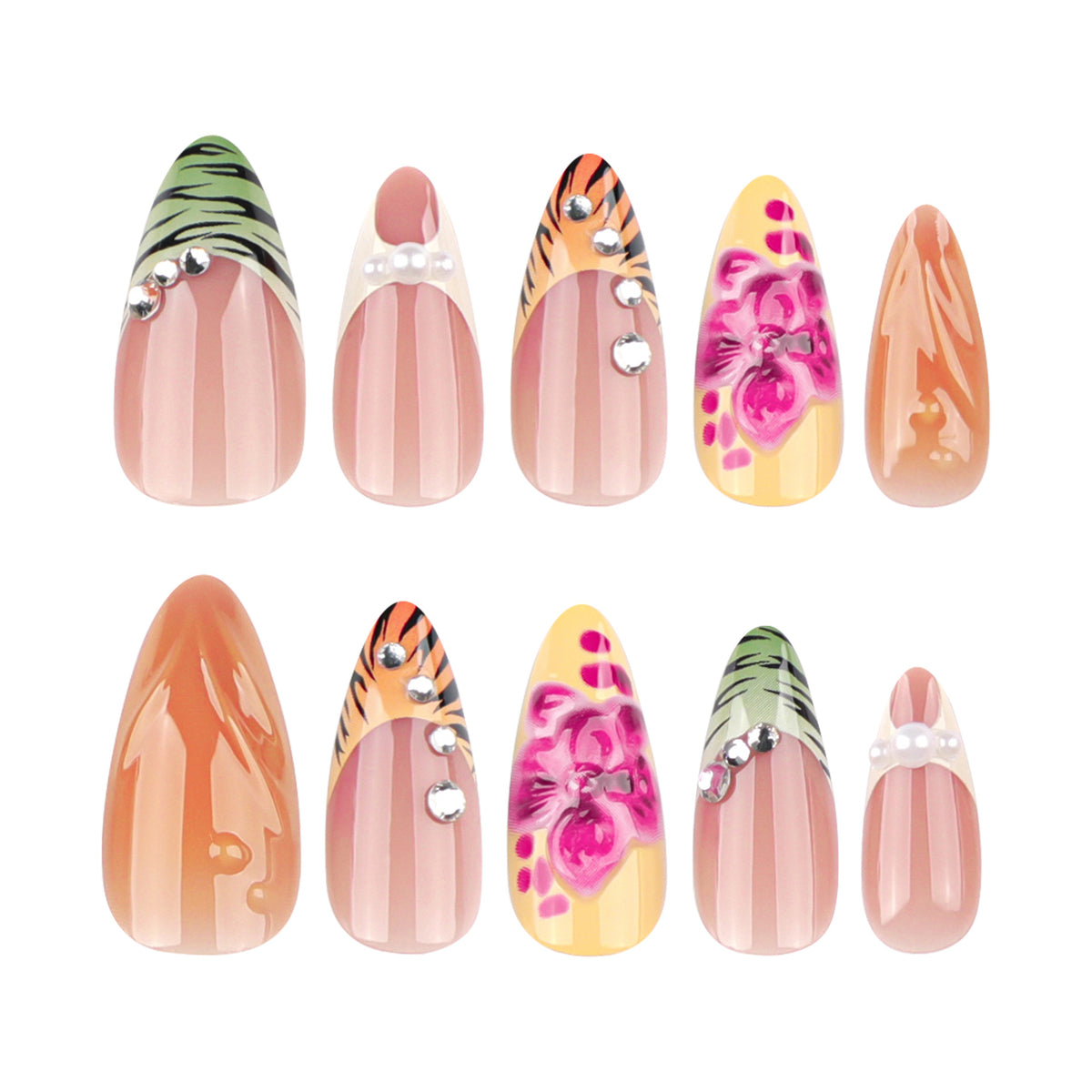Kunstvolle Stiletto-Nägel mit buntem Blüten-Design und Glitzer Brehn