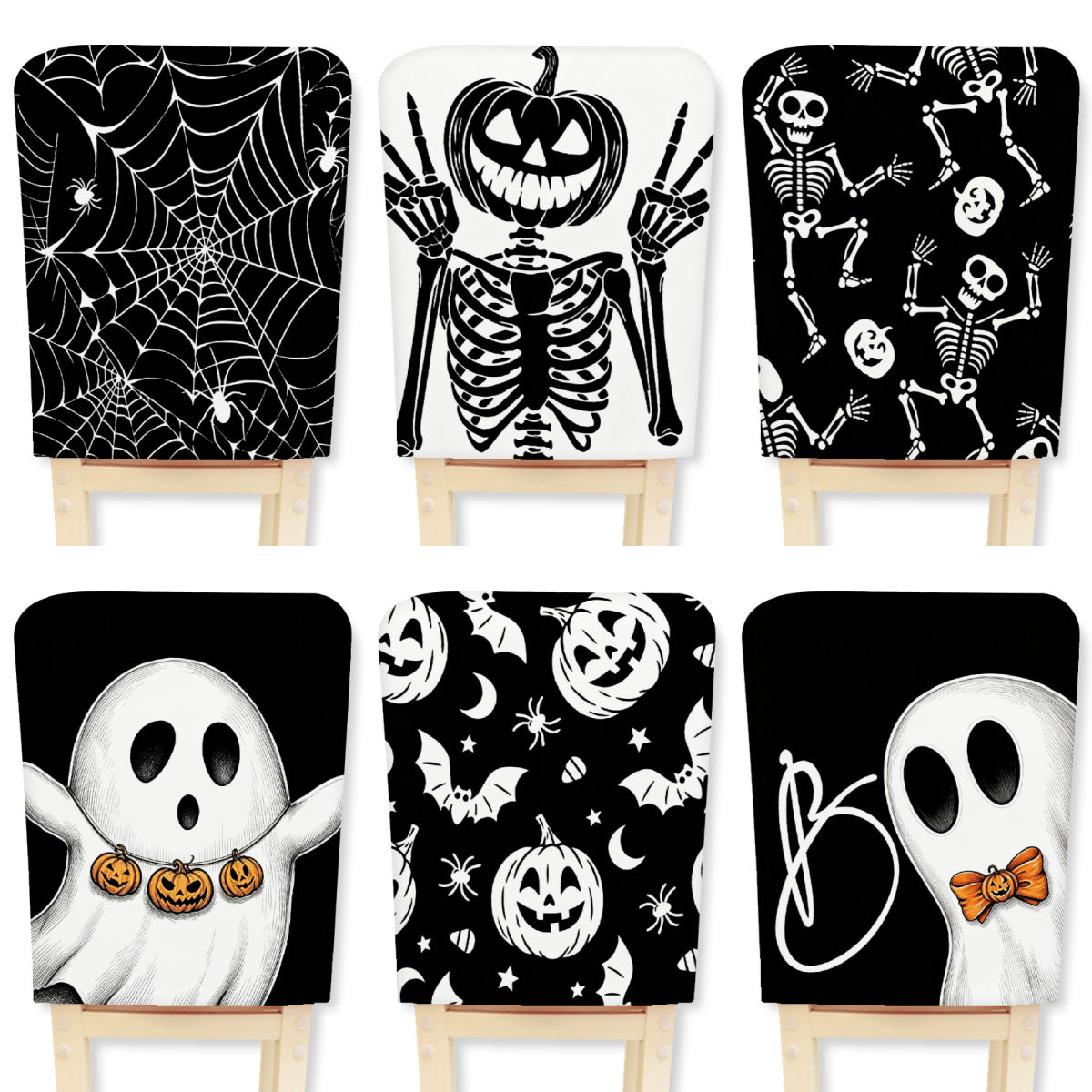 Elastischer Stuhlrückenbezug mit Halloween-Skelettmuster und hochelastischem Jersey-Stoff