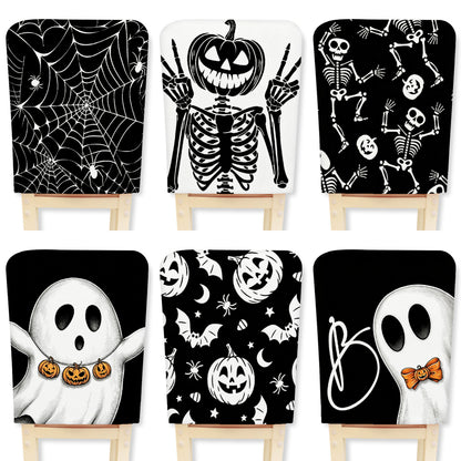 Elastischer Stuhlrückenbezug mit Halloween-Skelettmuster und hochelastischem Jersey-Stoff