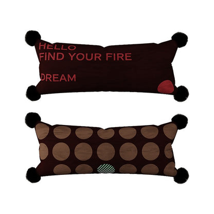 Decorative Long Lumbar Velvet Pillow with Checkerboard Jacquard, Pom-Pom Corners and Patchwork Accents