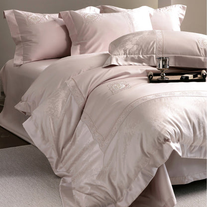Luxuriöses Besticktes Satin-Jacquard Bettbezug-Set mit Medaillon und Spitzenrand