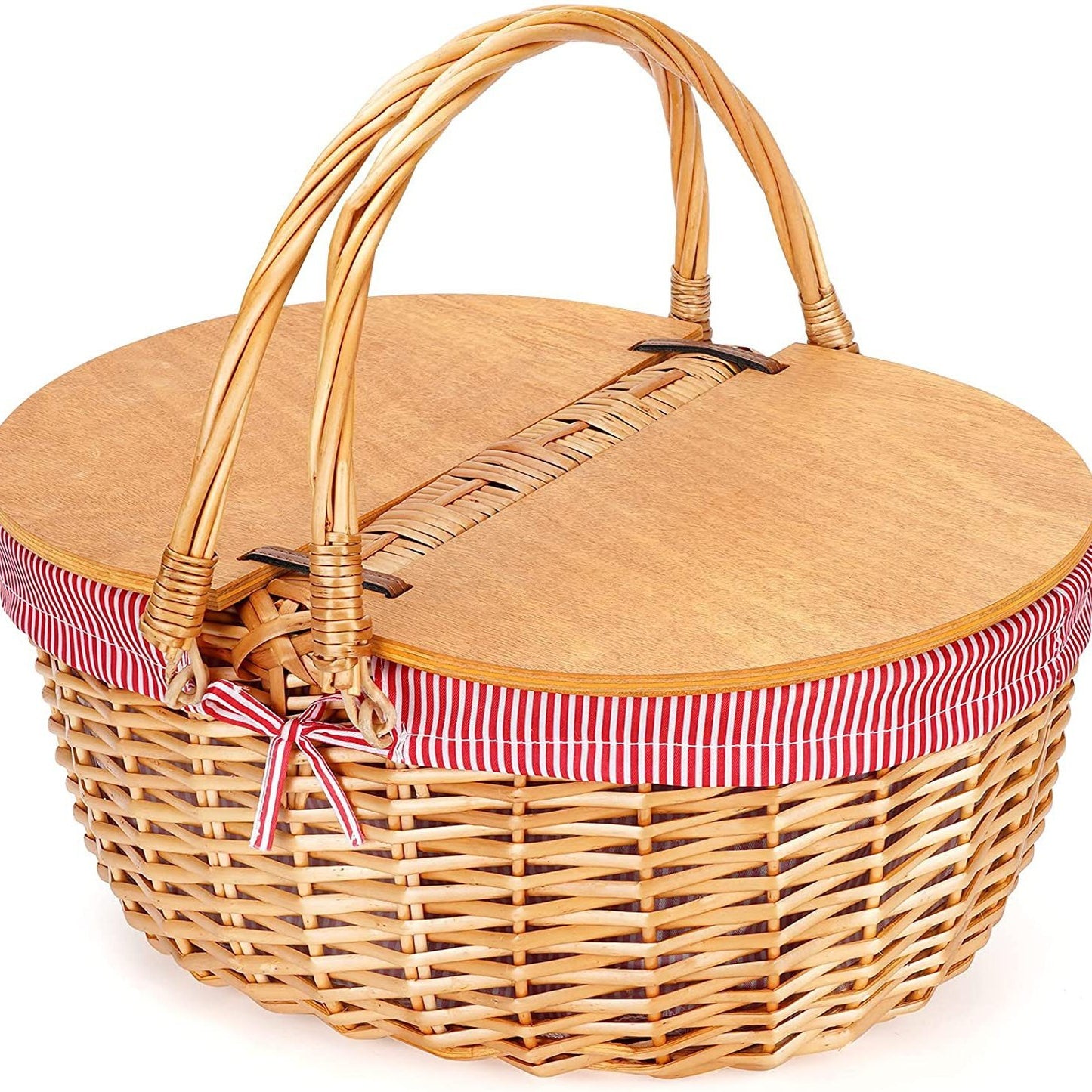 Damen Picknickkorb mit Holzdeckel und gestreiftem Futter Brehn