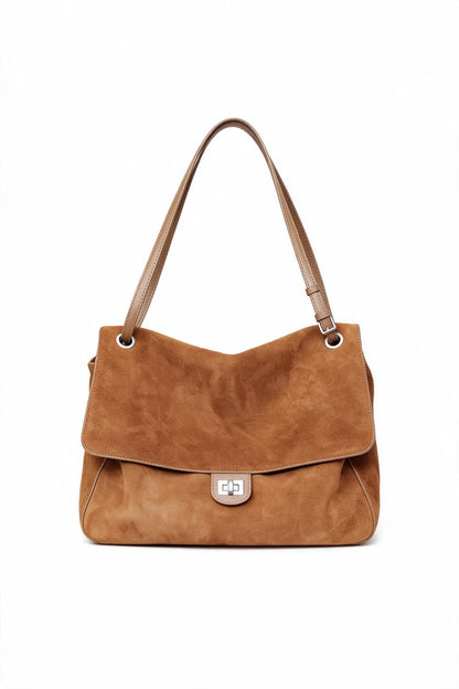 Suede Schulter Tote Bag mit Klappe und Drehverschluss