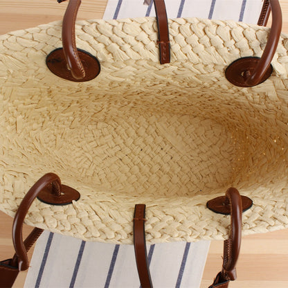 Strandtasche Aus Hochwertigem Geflochtenem Bast mit Stilvollen Ledergriffen Brehn