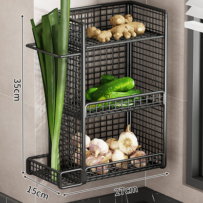 Wandmontierter dreistufiger Mesh-Küchenorganizer mit seitlichem Utensilienfach