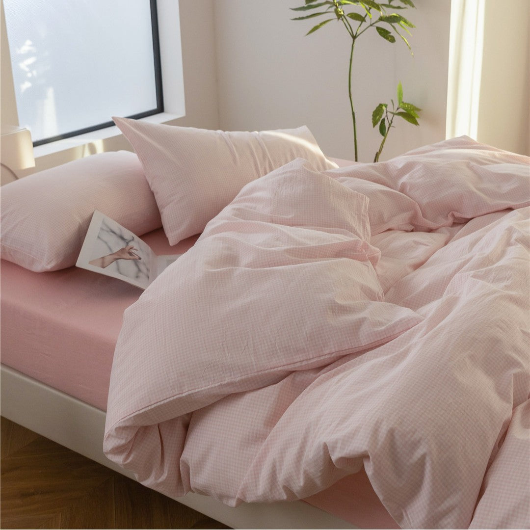 Umkehrbare Baumwoll-Satin Gingham Bettbezug Bettwäsche Set mit tiefem Laken und Umschlag-Kissenbezügen