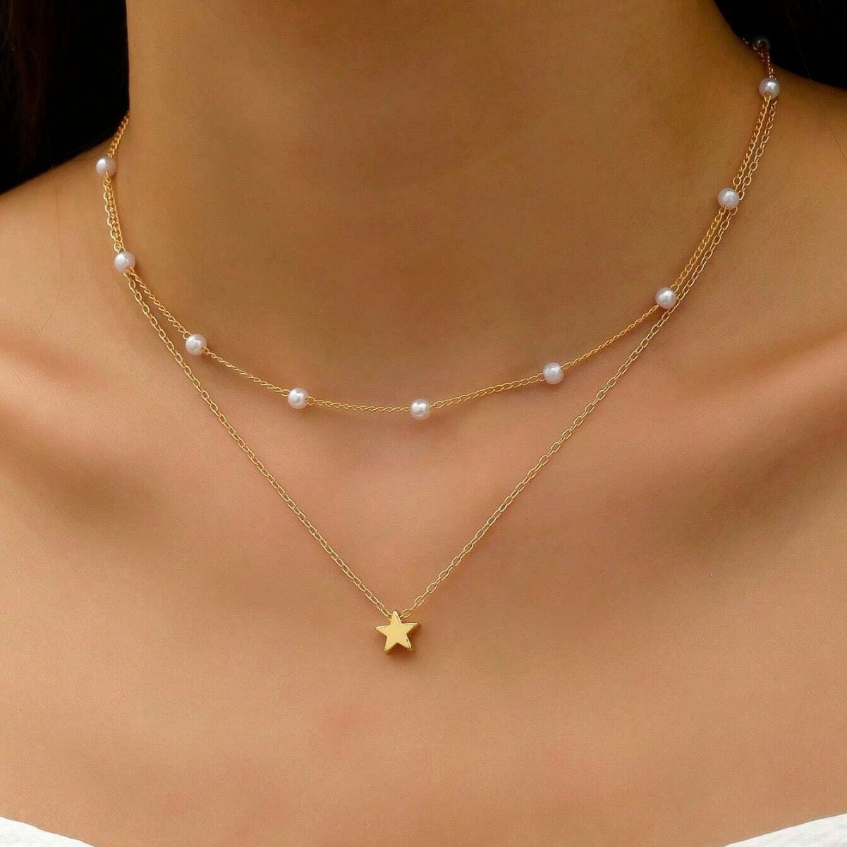 Schichtige Perle und Stern Charm Halskette Brehn