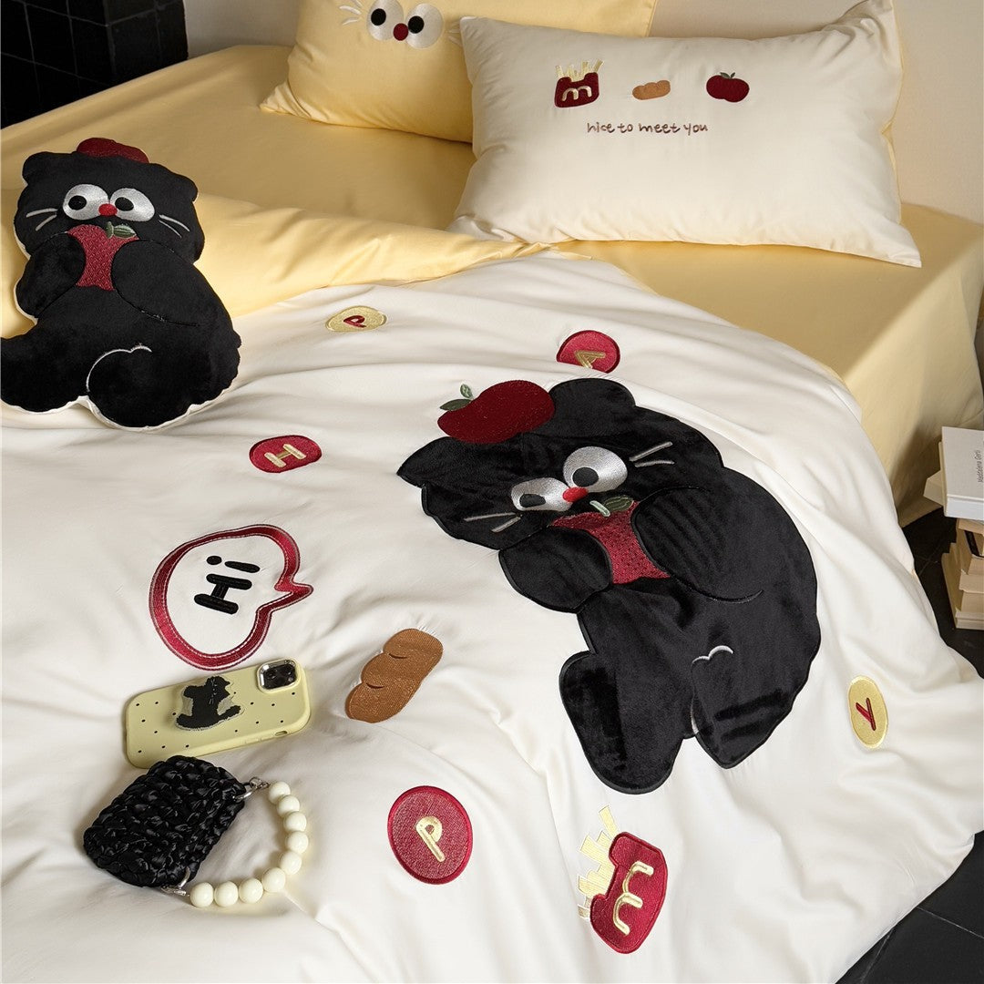 Cartoon Applikation Plüsch Katze Bettdeckenbezug Set mit Micro-Satin Wendeseite & Kopfkissenbezügen