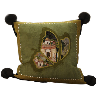 Decorative Velvet Throw Pillow Cover with Cat Silhouette and Corner Pom-Poms
