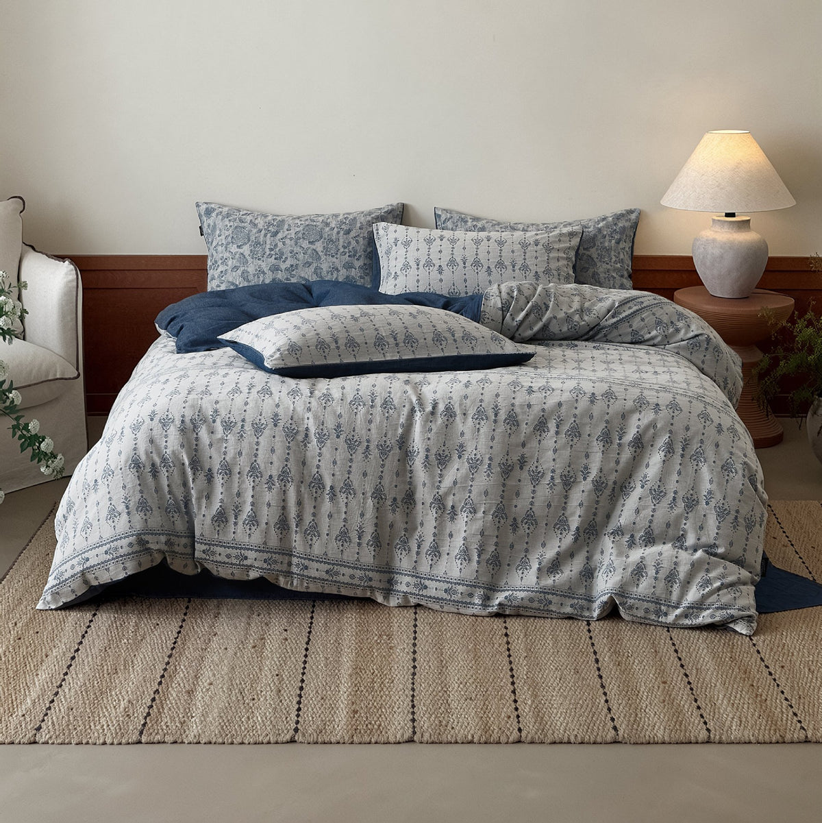 Gepflegter Leinenmischung Botanischer Jacquard Bettbezug und Kissenbezug Set