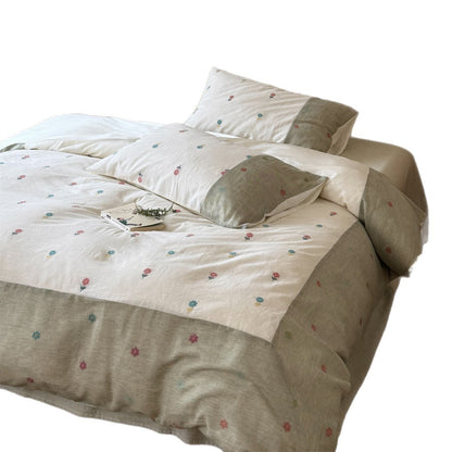 Florales Patchwork Baumwoll-Leinen Bettdeckenbezug Set mit gesticktem Zweigmotiv