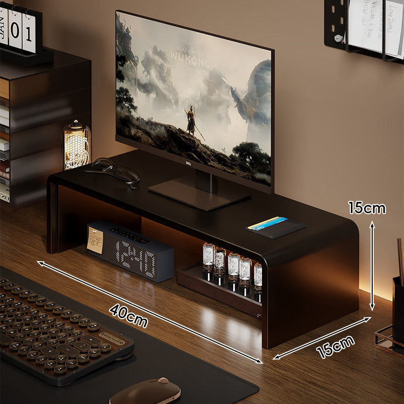 Niedrigprofilierte gebogene Desktop-Monitor-Plattform mit integriertem Unterregal-Organizer und ambienter Hintergrundbeleuchtung