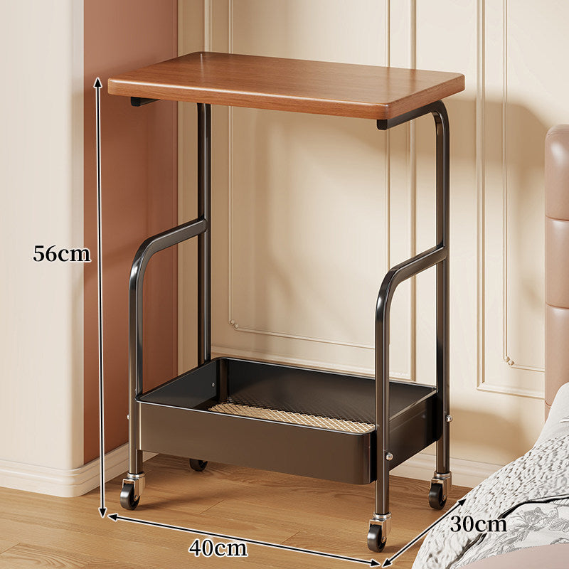 Schmaler mobile Nachttisch mit Rollen und Holztischplatte sowie unterem Metallspeicherfach.