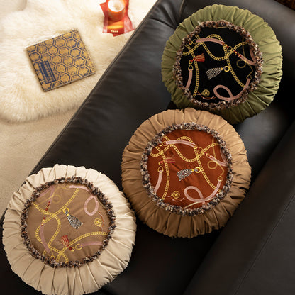 Rundes dekoratives Kissen mit plissiertem Rand, Fransenbesatz und Ketten‑Tassel‑Motiv Brehn