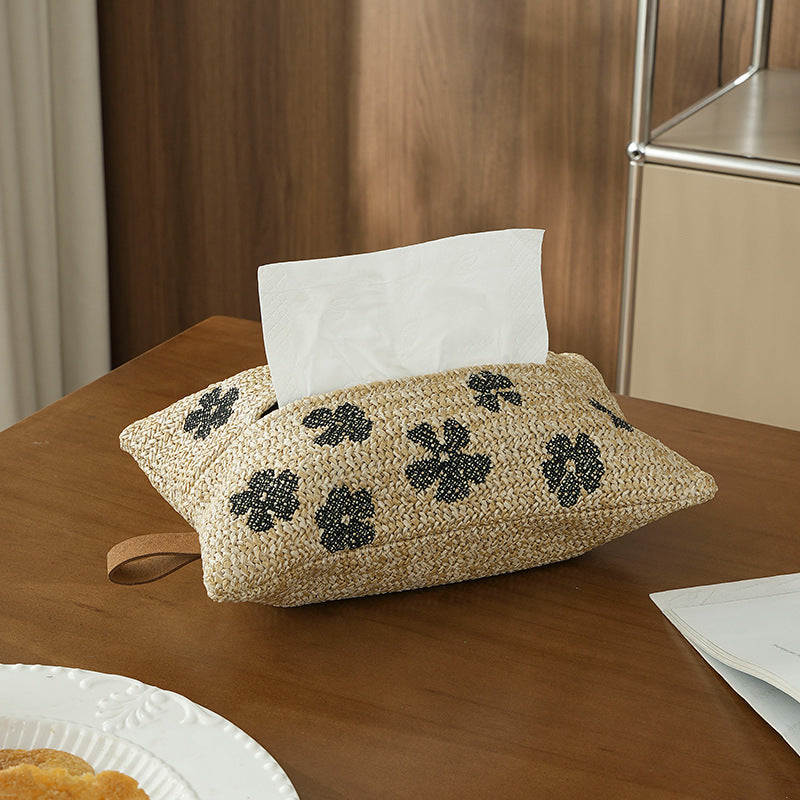 Gewebte Taschentuchbox-Hülle in Stroh-Optik mit besticktem Blumenmotiv Brehn