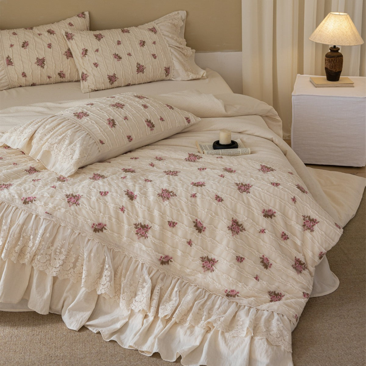 Rüsche Spitzenbesatz Bestickte Rose Baumwolle Bettbezug Set