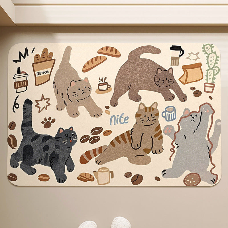 Low-Profile Microfiber Absorbent Floor Mat with Cute Cat & Coffee Illustrations