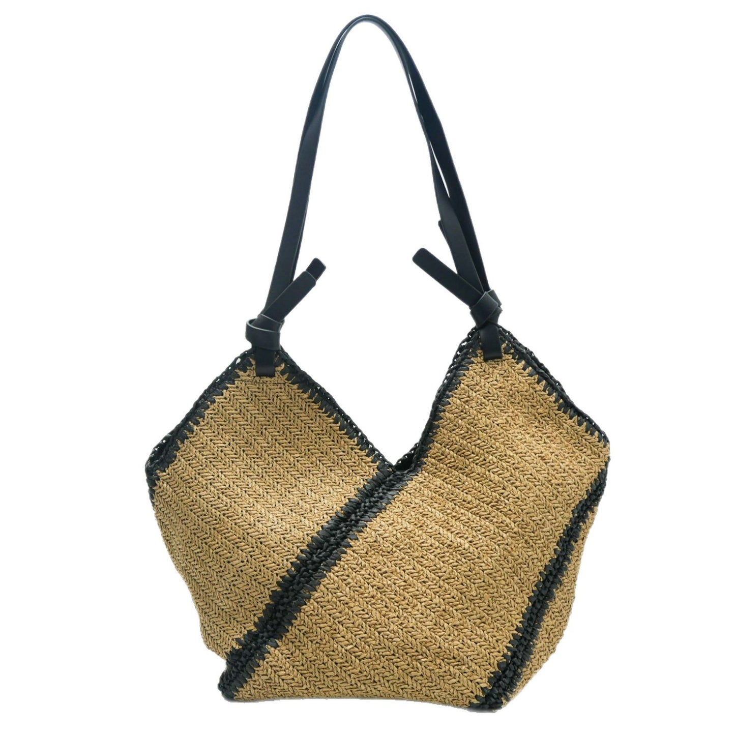 Handtasche Aus Geflochtenem Naturmaterial mit Schwarzem Kordelzug Brehn
