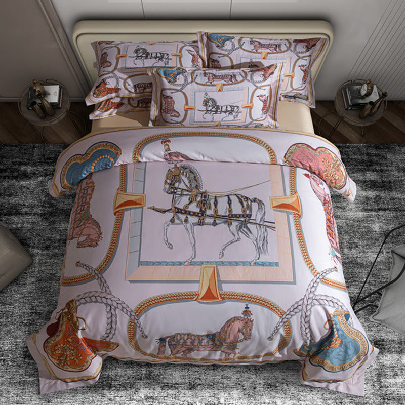 Bedrucktes Reiter-Cotton-Satin-Bettbezug-Set mit blauen Kissenbezügen