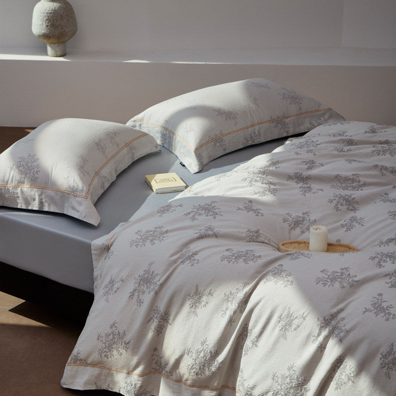 Botanisches Jacquard Baumwollsatin Bettwäsche Set mit Kontrastpaspel