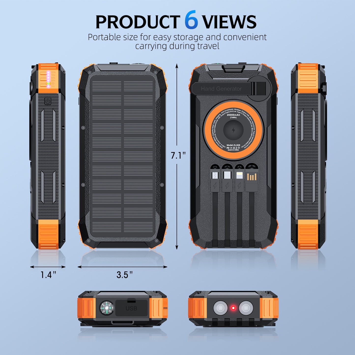Multifunktionale Solar-Powerbank mit LED-Licht und Integriertem Ladekabel Brehn